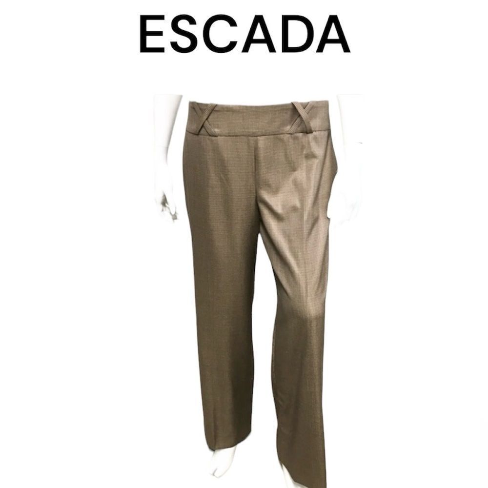 Escada Academia Brown Houndstooth Silk Wool Wide Leg Tailored Trousers Pants 10